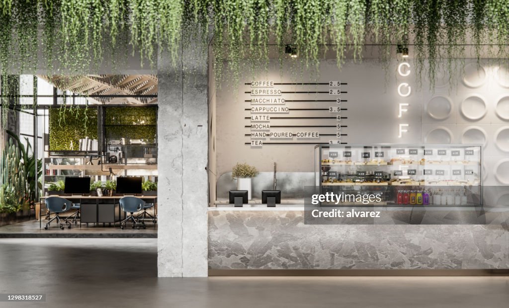 3D-Bild einer Cafeteria im großen Büro