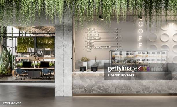 3d image of a cafeteria in large office - new kitchen stock pictures, royalty-free photos & images