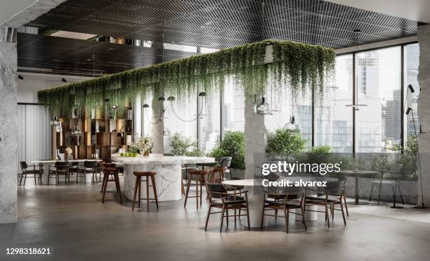 moderne büro-cafeteria mit pflanzen in 3d - kantine essen stock-fotos und bilder