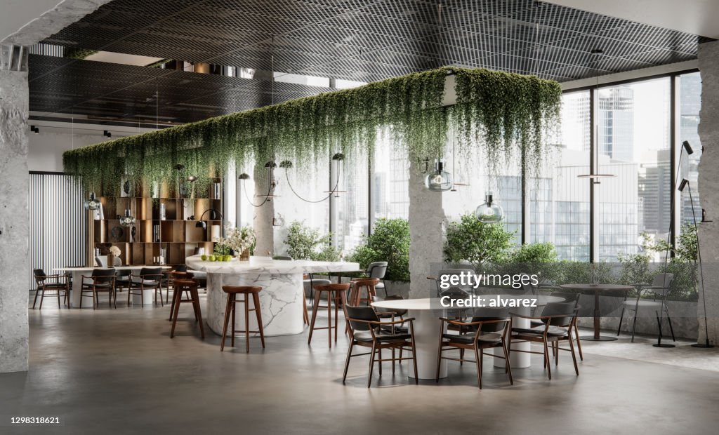 Modern Office Cafeteria With Plants In 3d High-Res Stock Photo - Getty ...