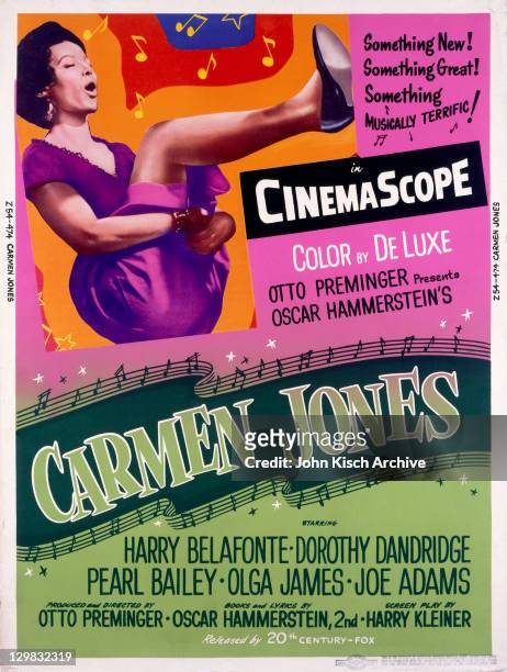 Movie poster advertises 'Carmen Jones,' starring Dorothy Dandridge and Harry Belafonte, 1954.