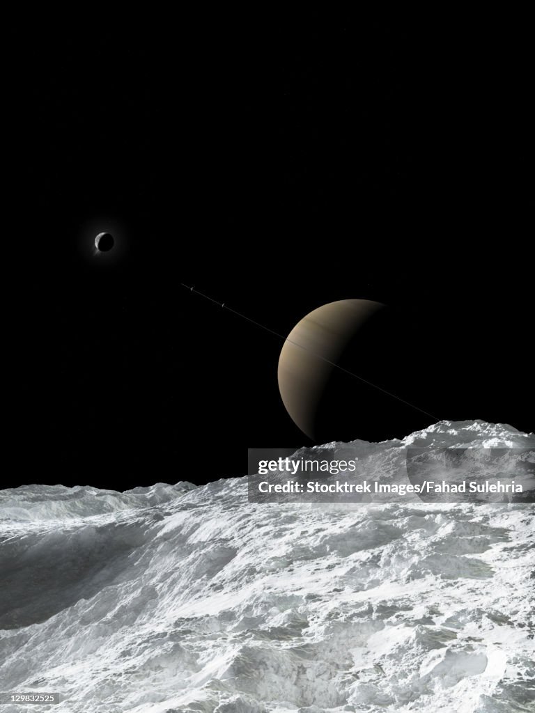 Saturn and Enceladus as seen from the moon Tethys. Enceladus is ejecting water from its' south pole, hence the glow around it.