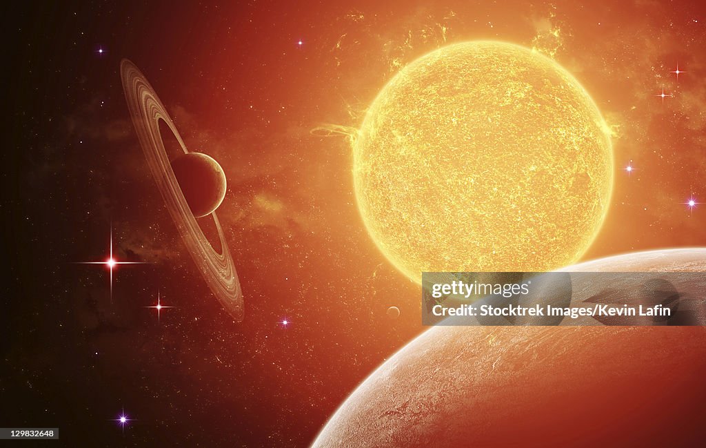 A planet and its moon resisting the relentless heat of the giant orange sun Pollux.