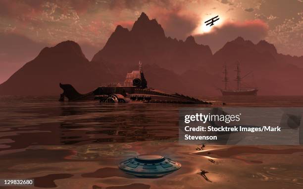 artist's concept of an ancient civilization with advanced technology. - atlantis stock illustrations