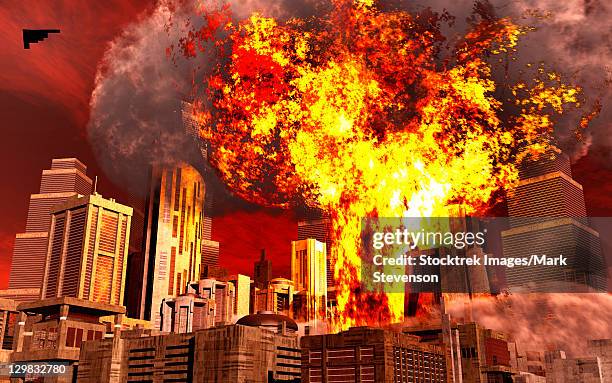 ilustraciones, imágenes clip art, dibujos animados e iconos de stock de a 3d conceptual image of a stealth bomber nuking a city. - judgment day apocalypse