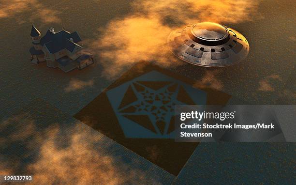 artist's concept of crop circles made by extraterrestrials. - crop circle overhead stock illustrations