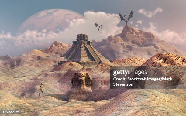 an alien world with earth-like structures. - mayan ruins stock illustrations
