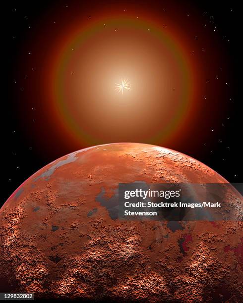 stockillustraties, clipart, cartoons en iconen met artist's concept of a distant red planet orbiting its sun. this alien world shows definite signs of water, and therefore maybe life itself.  - corona sun