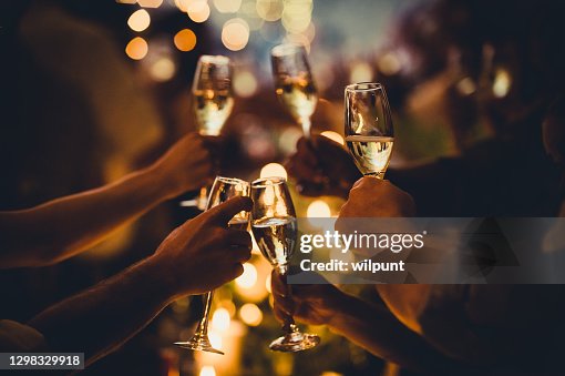 Birthday Celebratory Toast with String Lights and Champagne Silhouettes Birthday Celebratory Toast with String Lights and Champagne Silhouettes