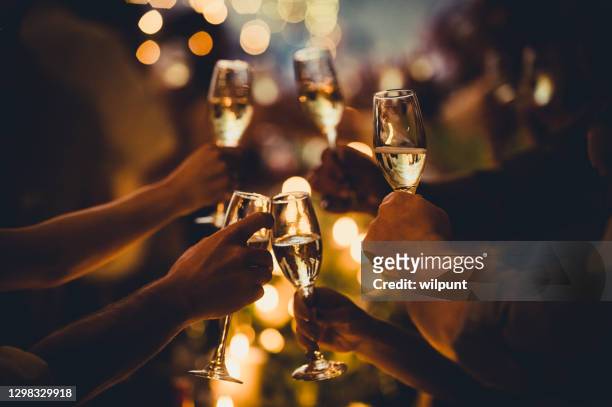 birthday celebratory toast with string lights and champagne silhouettes - public celebratory event stock pictures, royalty-free photos & images
