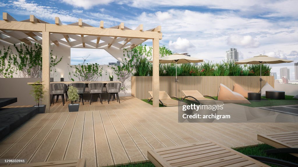 Computer generated image of rooftop terrace. Architectural Visualization. 3D rendering. Interior Design