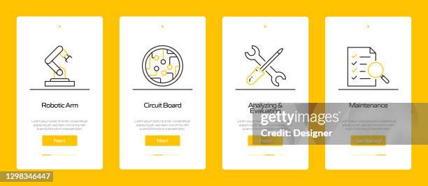 robotics engineering concept onboarding mobile app page screen with flat icons. ux, ui design template vector illustration - engineer tablet stock illustrations