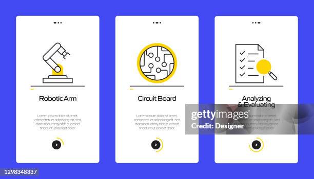 robotics engineering concept onboarding mobile app page screen with flat icons. ux, ui design template vector illustration - engineer tablet stock illustrations