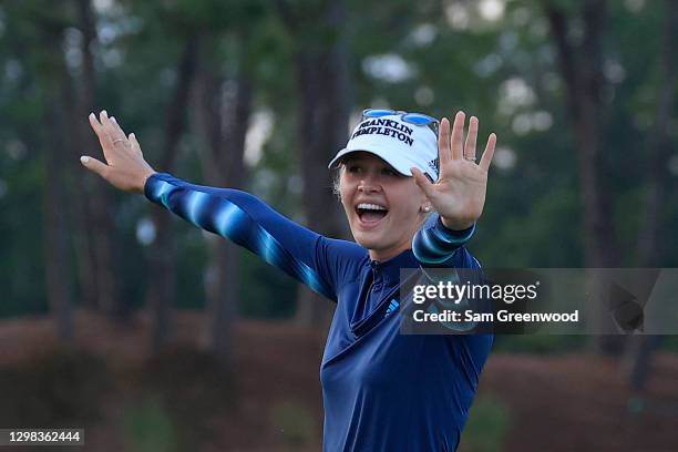 Jessica Korda reacts to winning the Diamond Resorts Tournament of Champions at Tranquilo Golf Course at the Four Seasons Golf and Sports Club on...