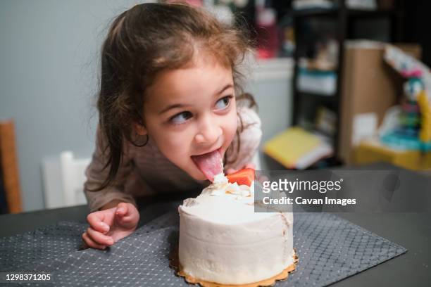 preschool age girl licking birthday cake and looking off camera - girls licking girls stockfoto's en -beelden