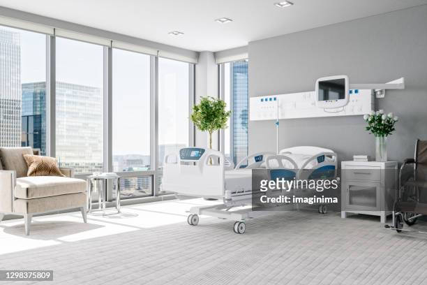 leeres luxuriöses, modernes krankenhauszimmer - medizinische einrichtung stock-fotos und bilder