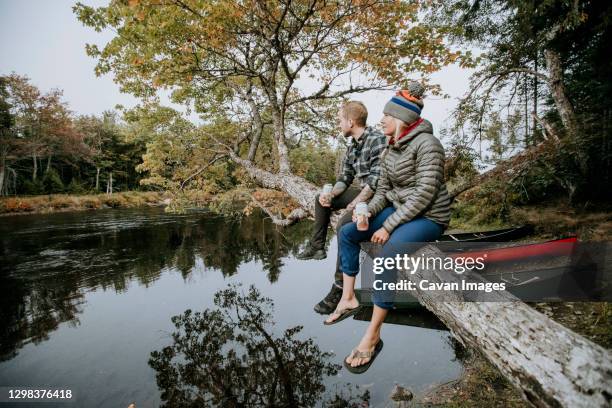 couple sit on tree branch drinking beer while canoeing on river, maine - maine bildbanksfoton och bilder