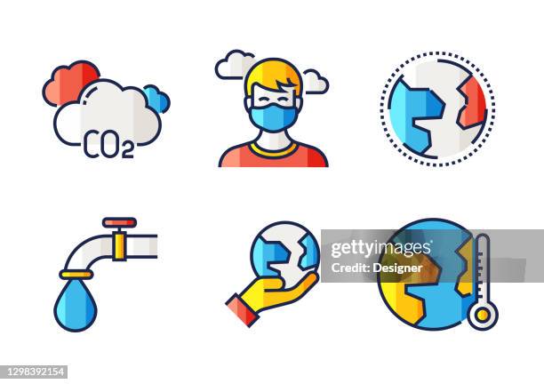 global warming flat line icons, outline vector symbol illustration. - climate change smoke stack stock illustrations