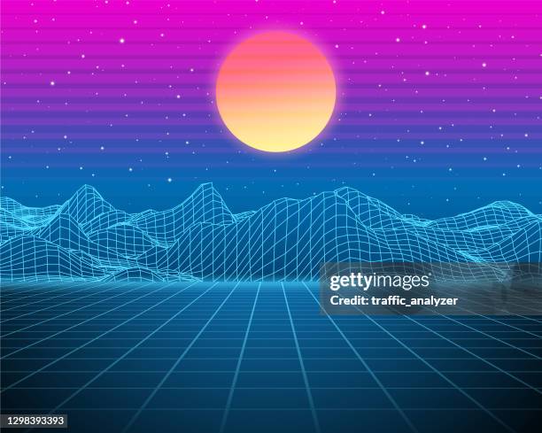 ilustrações de stock, clip art, desenhos animados e ícones de synthwave retro background - landscape purple