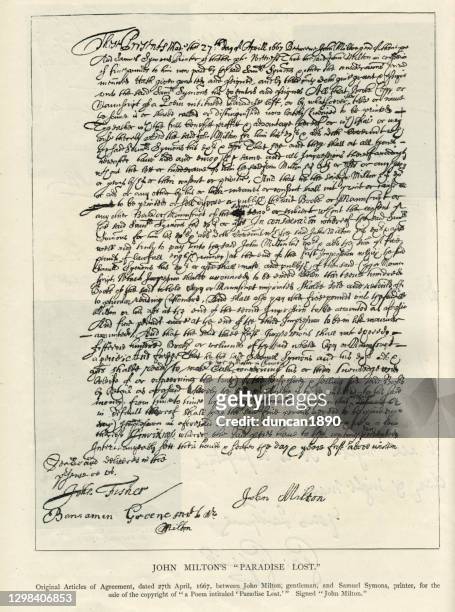 brief artiles of agreement for john milton es paradise lost, 17. jahrhundert - 17th century style stock-grafiken, -clipart, -cartoons und -symbole