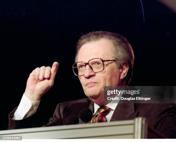 View of American television & radio host Larry King as he speaks during an unspecified conference, Las Vegas, Nevada, February 17, 1994. King, the...