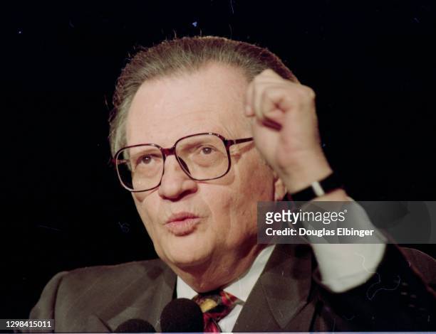 View of American television & radio host Larry King as he speaks during an unspecified conference, Las Vegas, Nevada, February 17, 1994. King, the...