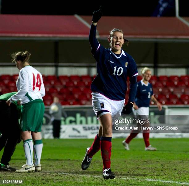 Julie Fleeting celebrates after scoring Scotland's 8th goal of the game and adding a 4th to her name