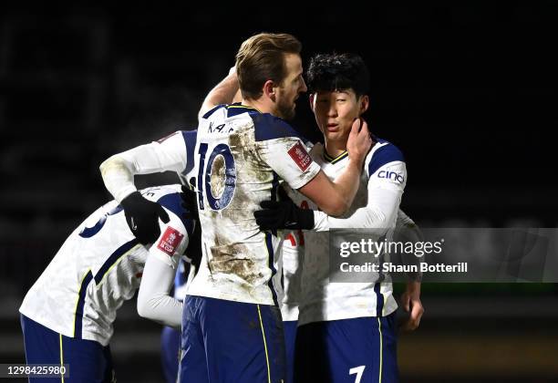 Harry Kane and Heung-Min Son of Tottenham Hotspur celebrate after The Emirates FA Cup Fourth Round match between Wycombe Wanderers and Tottenham...