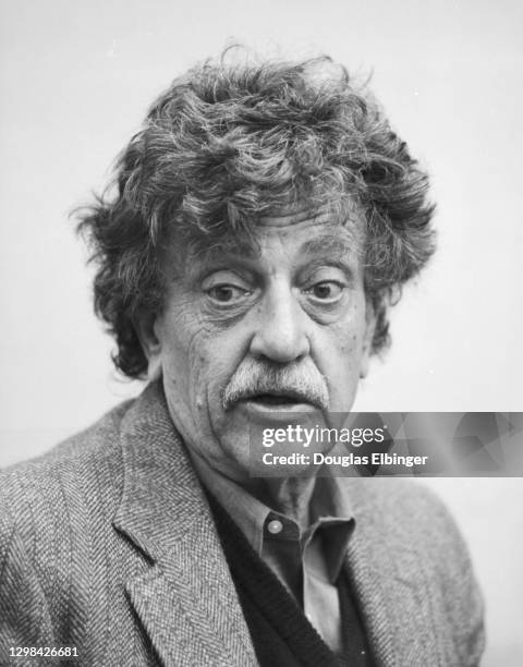 View of American author Kurt Vonnegut Jr outside the Michigan State University Student Union, East Lansing, Michigan, April 9, 1992.