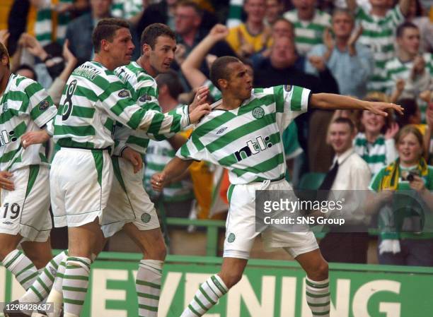 Celtic star Henrik Larsson celebrates his goal