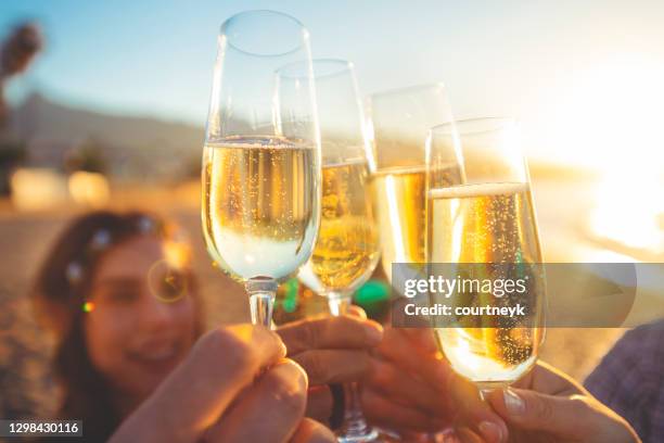 gruppe von freunden, die einen champagner toast am strand. - champagnerglas stock-fotos und bilder