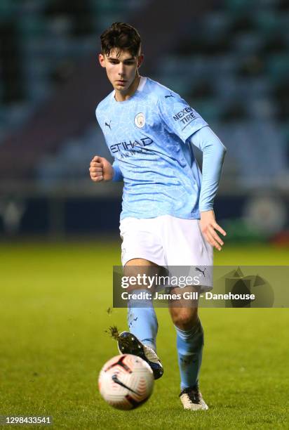 Finley Burns of Manchester City U23 during the Premier League 2 match between Manchester City U23 and Blackburn Rovers U23 at Manchester City...