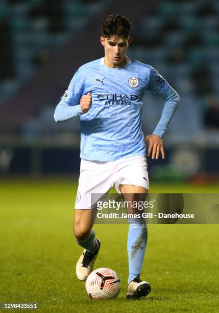 Finley Burns of Manchester City U23 during the Premier League 2 match between Manchester City U23 and Blackburn Rovers U23 at Manchester City...