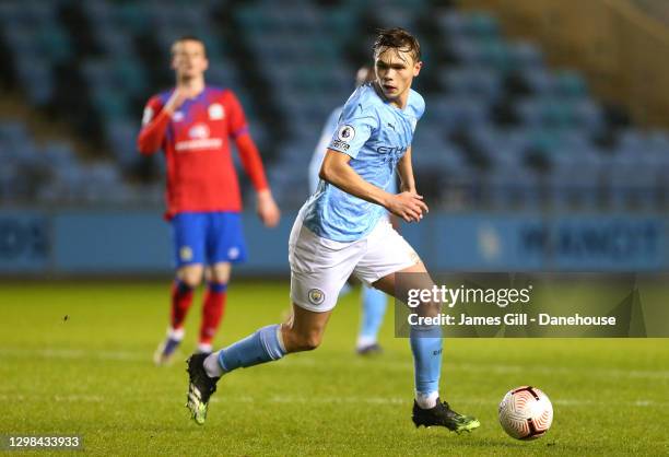 Callum Doyle of Manchester City U23 during the Premier League 2 match between Manchester City U23 and Blackburn Rovers U23 at Manchester City...