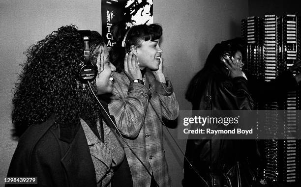 Singers Maxine Jones, Cindy Herron, Dawn Robinson and Terry Ellis of En Vogue are interviewed at WGCI-FM radio in Chicago, Illinois in April 1990.