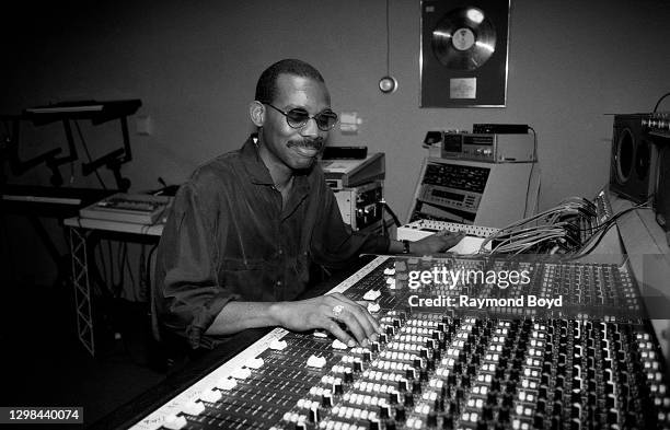 Producer and deejay Joe Smooth mixes music at DJ International Studios in Chicago, Illinois in May 1990.