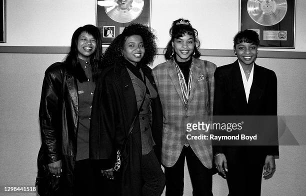 Singers Dawn Robinson, Maxine Jones, Cindy Herron and Terry Ellis of En Vogue poses for photos at WGCI-FM radio in Chicago, Illinois in April 1990.