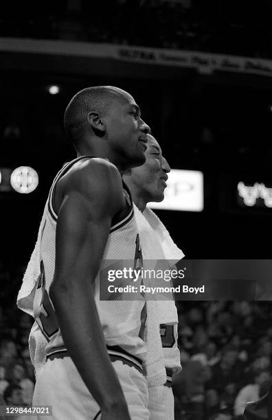 Chicago Bulls basketball stars Michael Jordan and Scottie Pippen stands during a 'time out' during a Chicago Bulls game in Chicago, Illinois in April...