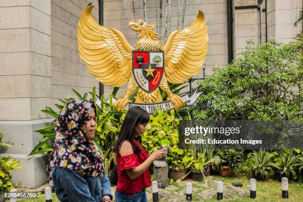 The Pancasila symbol, national symbol of Indonesia, inside the courtyard of the Catholic Cathedral of Jakarta.