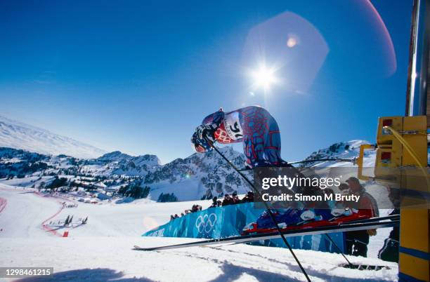 Picabo Street of USA starts the Womens Downhill at the Winter Olympics on February 12, 2002 in Snowbasin, USA.