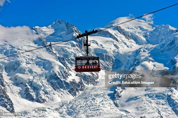 Cabin of the Brevent cable car against the Mont Blanc massif, Planpraz, Chamonix, Haute-Savoie, France.