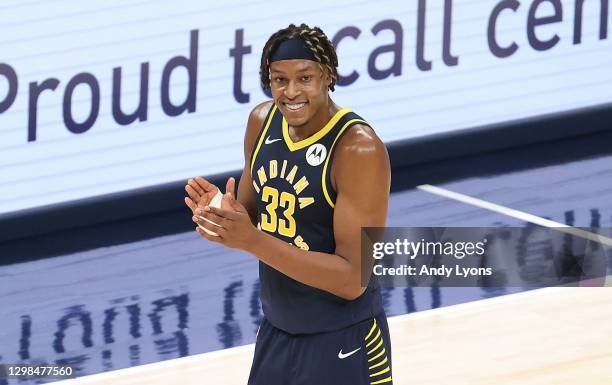 Myles Turner of the Indiana Pacers celebrates in the game against the Toronto Raptors at Bankers Life Fieldhouse on January 25, 2021 in Indianapolis,...