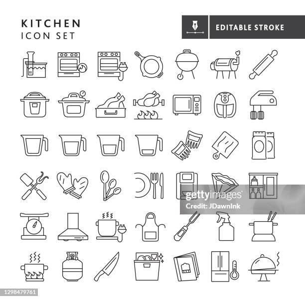 küche und kochen große dünne linie icon set - editierbare strich - kitchen stock-grafiken, -clipart, -cartoons und -symbole