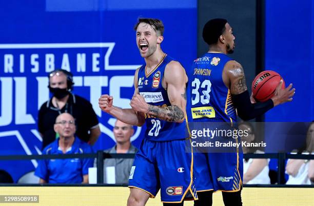 Nathan Sobey of the Bullets celebrates victory after the round three NBL match between the Brisbane Bullets and the Sydney Kings at Nissan Arena, on...