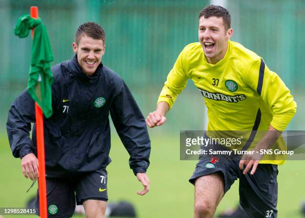 Celtic's Lewis Toshney is in good spirits at training