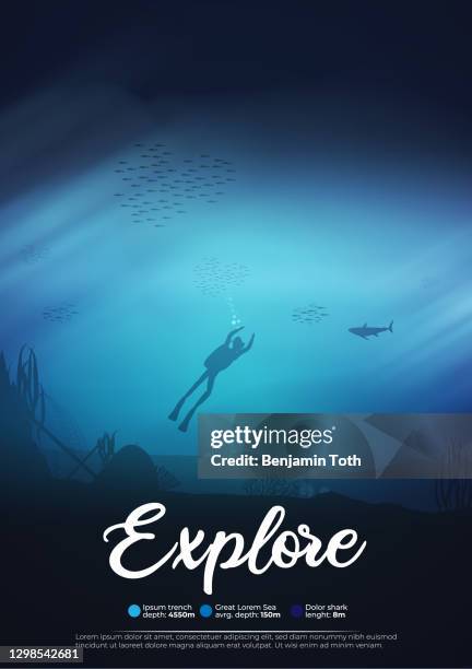 underwater ocean scene background of reefs with scuba diver - deep dive stock illustrations