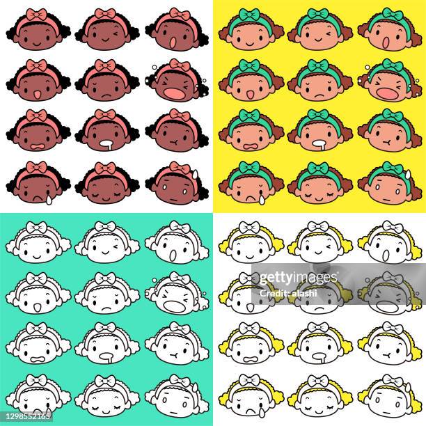 facial expression (emoticons) collection of cute afro girl with headband and hair bow - baby crying icon stock illustrations