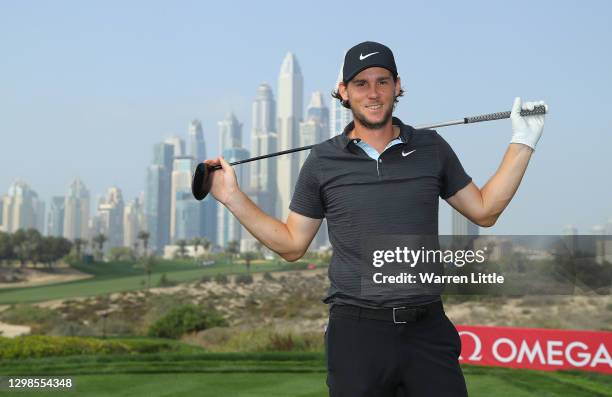 Thomas Pieters of Belgium prepares to tee off on the 8th hole during the pro am ahead of the Omega Dubai Desert Classic at Emirates Golf Club on...