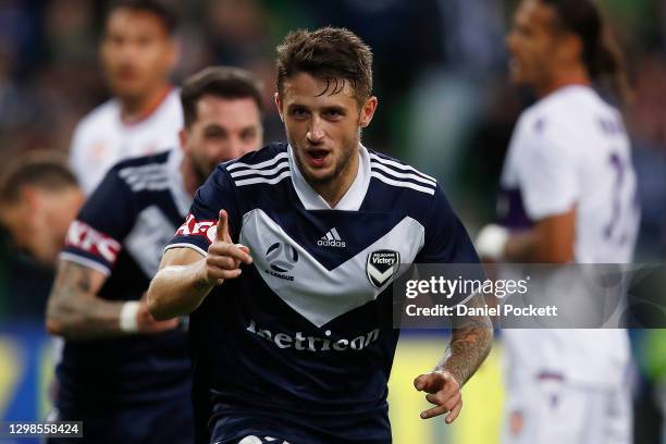 Jacob Brimmer of the Victory celebrates after scoring a goal during the A-League match between the Melbourne Victory and the Perth Glory at AAMI...