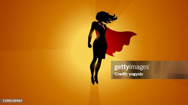 vector superhero businesswoman levitating in the air in silhouette stock illustration - business hero stock illustrations